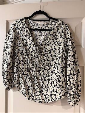 Rebecca Taylor Black White Floral Drawstring V-Neck Blouse with Lime Accents